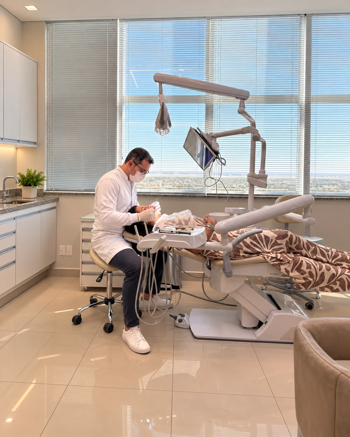 Profissional da odontologia em atendimento utilizando mocho em ambiente clínico